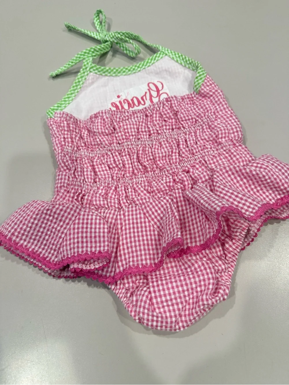 Pink Gingham Floral Girls' Halter Swimsuit 2T like new Embroidery on fron Gracie